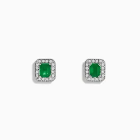 14K White Gold Emerald and Diamond Stud Earrings, 1.11 TCW