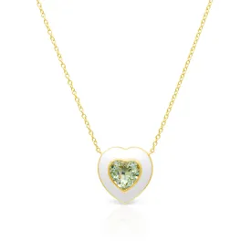 14KT Yellow Gold Green Amethyst White Enamel Heart Necklace