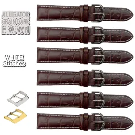 6PCS Alligator Grain Dark Brown Leather Watch Band (12MM-30MM   XXL Sizes) Padded w/WHITE Stitches