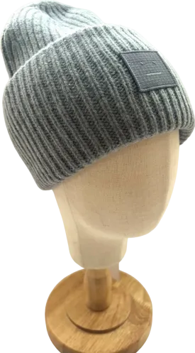 Acne Studios Grey Large Face Logo Ribbed Wool Beanie Hat One Size