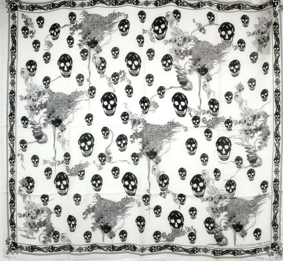 Alexander McQueen Women's Ivory / Black Modal / Wool Scarf Ophelia Skull Print