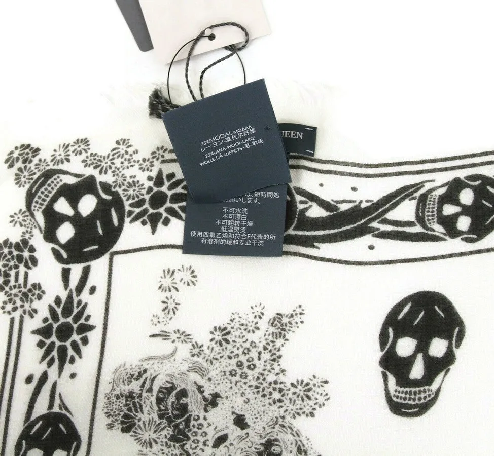 Alexander McQueen Women's Ivory / Black Modal / Wool Scarf Ophelia Skull Print