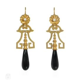 Antique French gold, pearl, and onyx pendant earrings