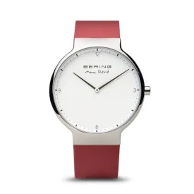 Bering Max René Mens Watch - Polished Silver Case, Red Strap, 40mm (Model 15540-500)