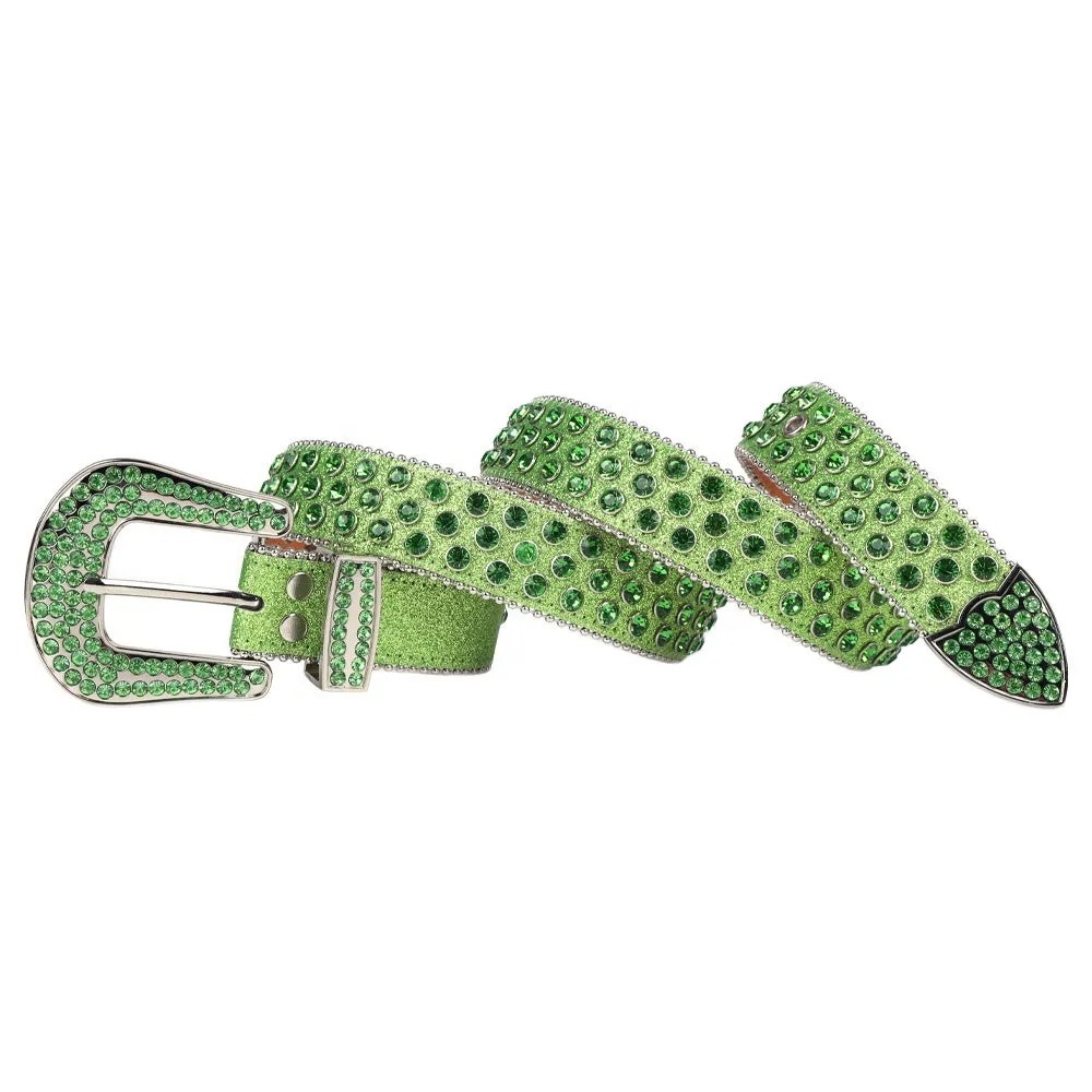 Big Size Customized Green Rhinestone Belts With Diamond For Men Bling Bling Designer Crystal Studded Leather Belt For Jeans