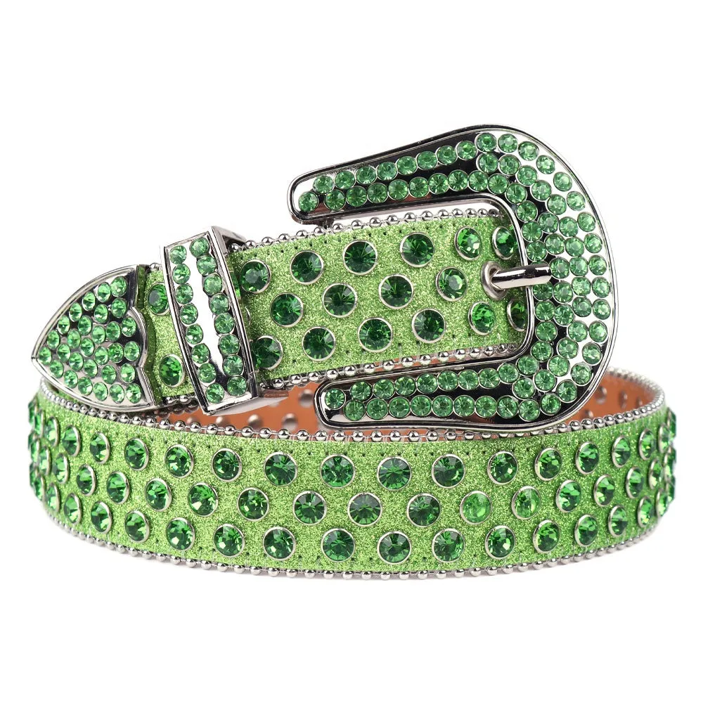 Big Size Customized Green Rhinestone Belts With Diamond For Men Bling Bling Designer Crystal Studded Leather Belt For Jeans