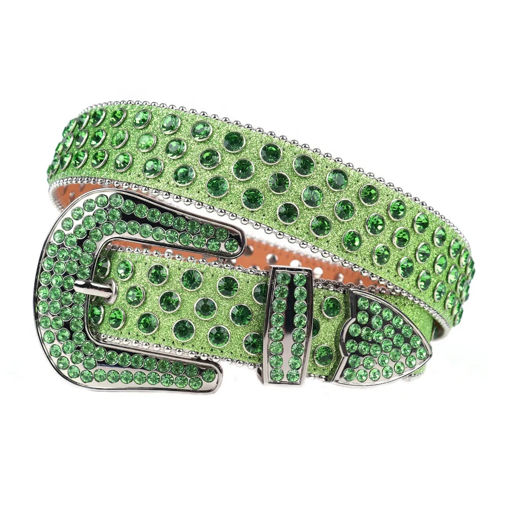 Big Size Customized Green Rhinestone Belts With Diamond For Men Bling Bling Designer Crystal Studded Leather Belt For Jeans