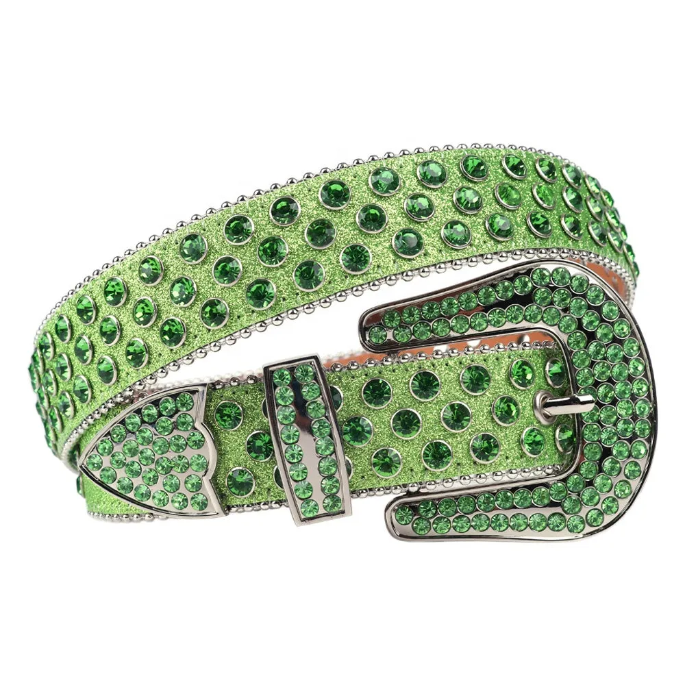 Big Size Customized Green Rhinestone Belts With Diamond For Men Bling Bling Designer Crystal Studded Leather Belt For Jeans