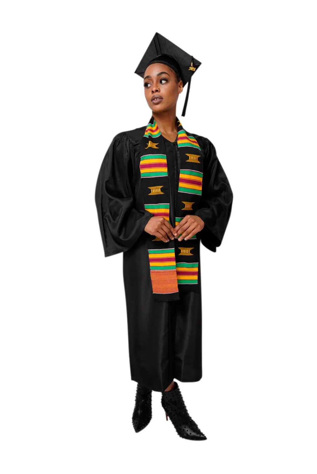 Black and Gold Hand Woven Kente Cloth Graduation Stole / Sash DP2169BLK