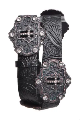 Black Tooled Cross/Rhinestone Concho Belt