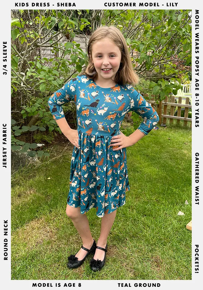 Children's Playful Cats Print Dress (Sheba)