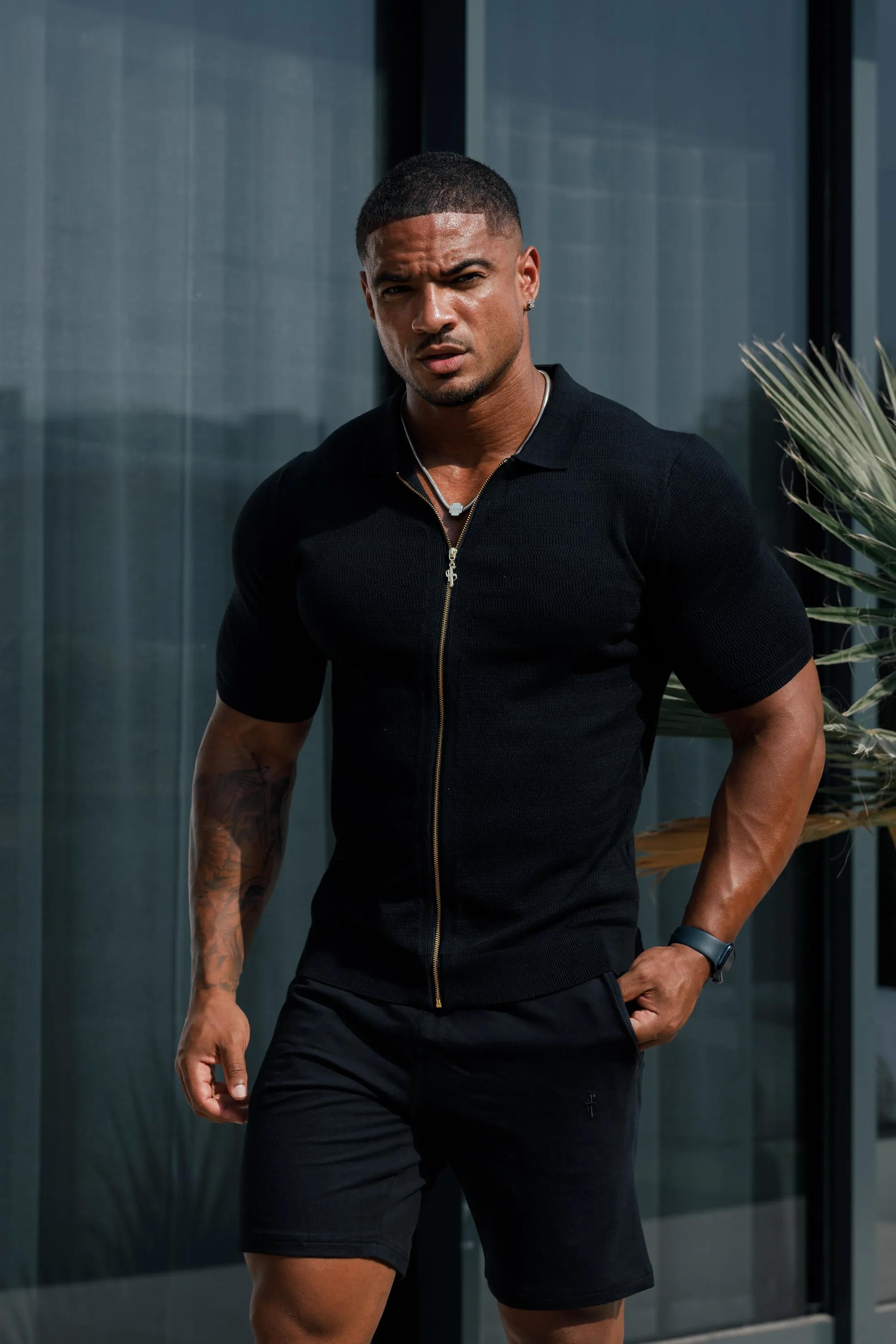 Father Sons Classic Knitted Textured Design With Full Length Zip Black Short Sleeve - FSN151