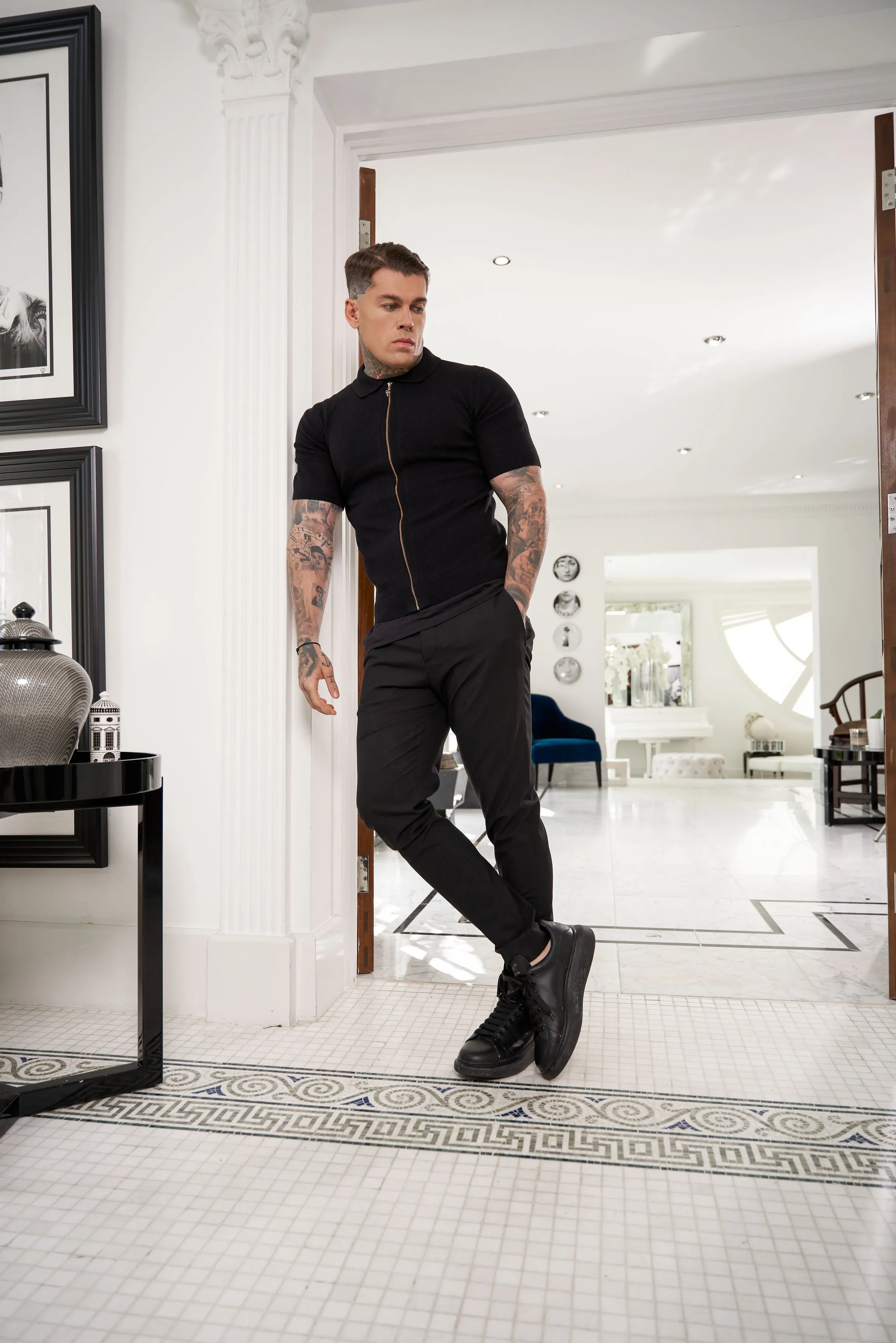 Father Sons Classic Knitted Textured Design With Full Length Zip Black Short Sleeve - FSN151