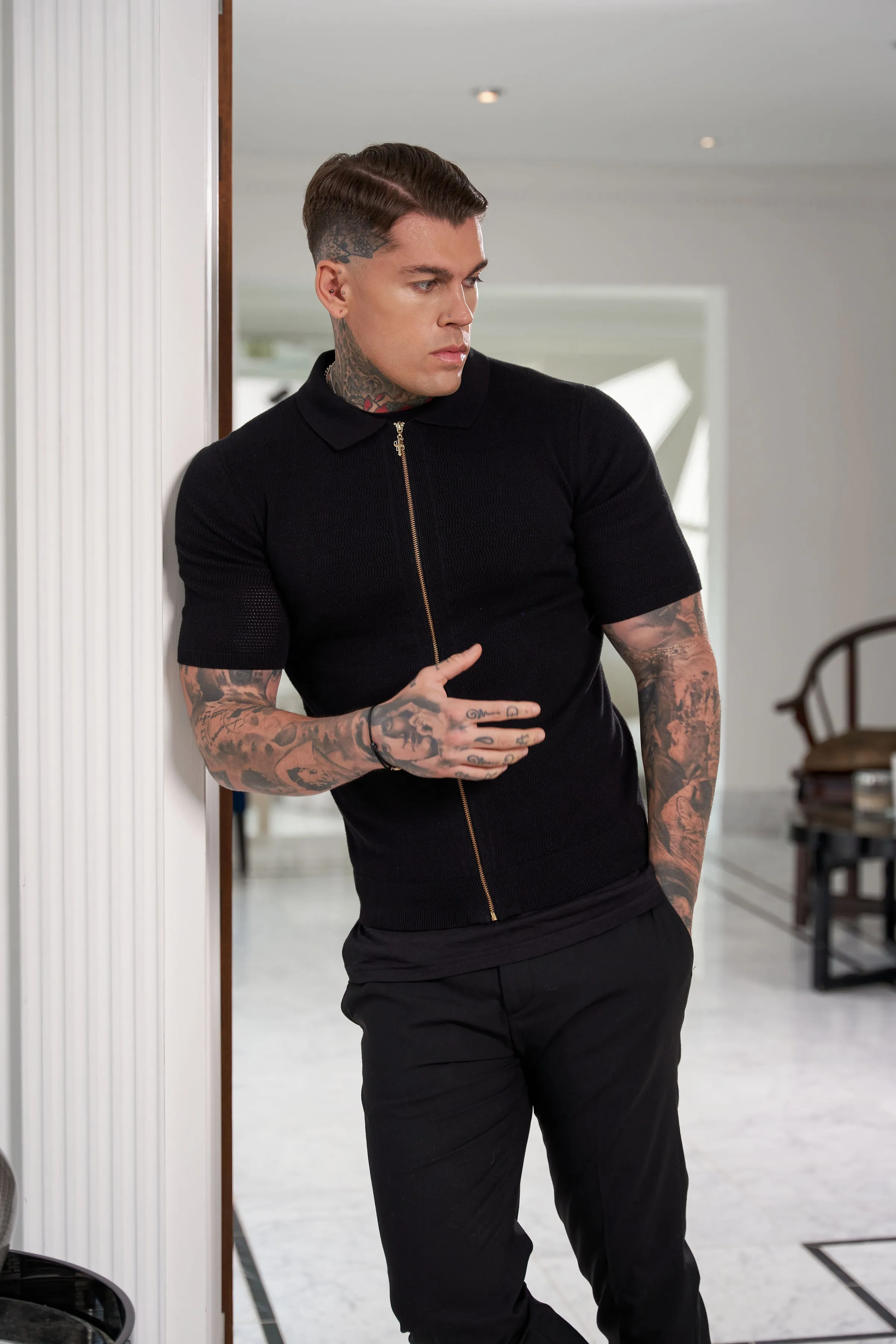 Father Sons Classic Knitted Textured Design With Full Length Zip Black Short Sleeve - FSN151