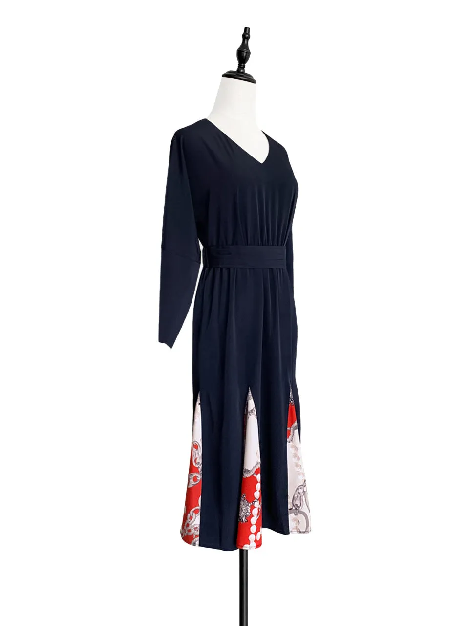 Last Chance! Dark Navy Patchy Print Ruffle Hem Belted Dress