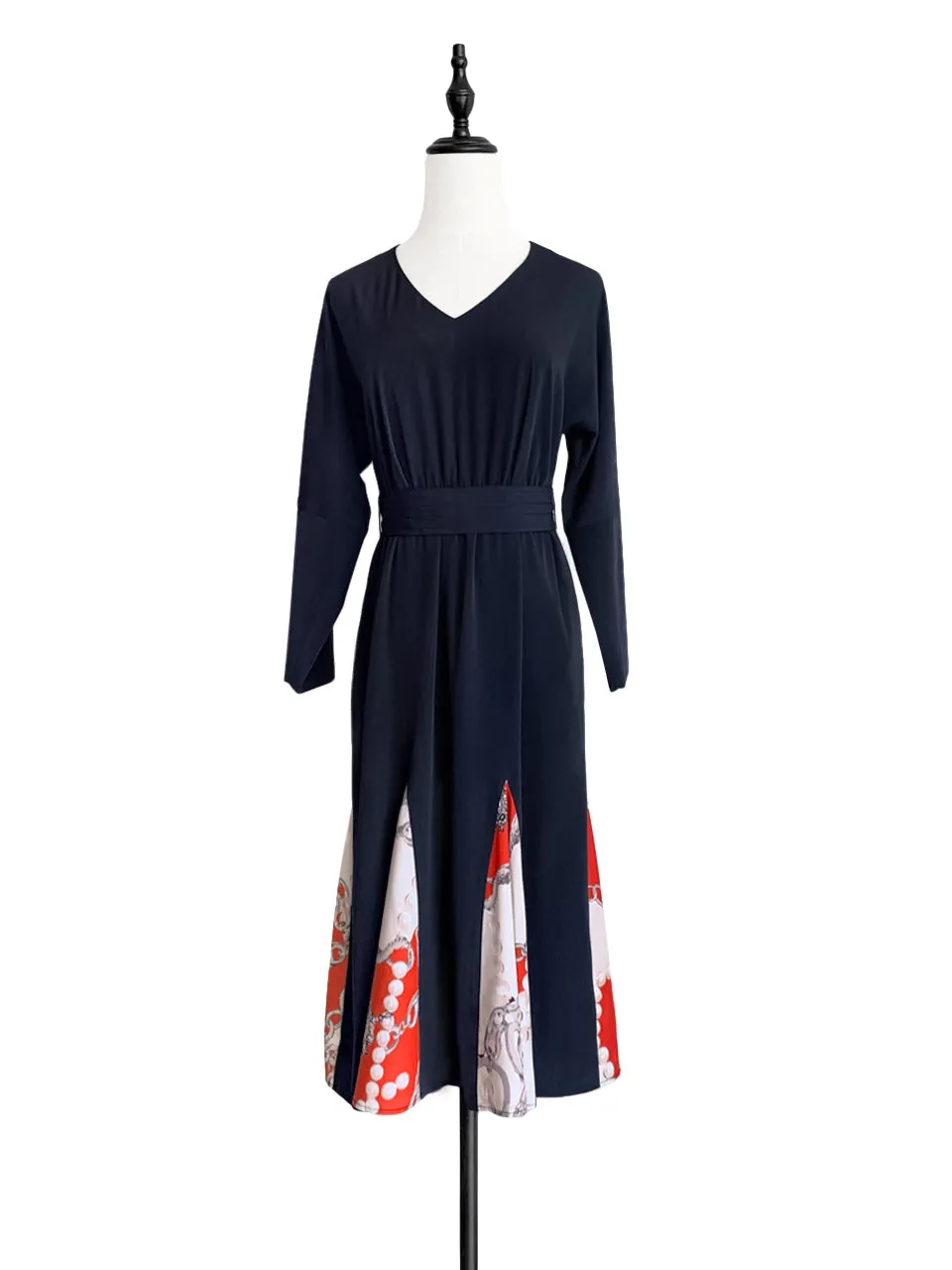 Last Chance! Dark Navy Patchy Print Ruffle Hem Belted Dress