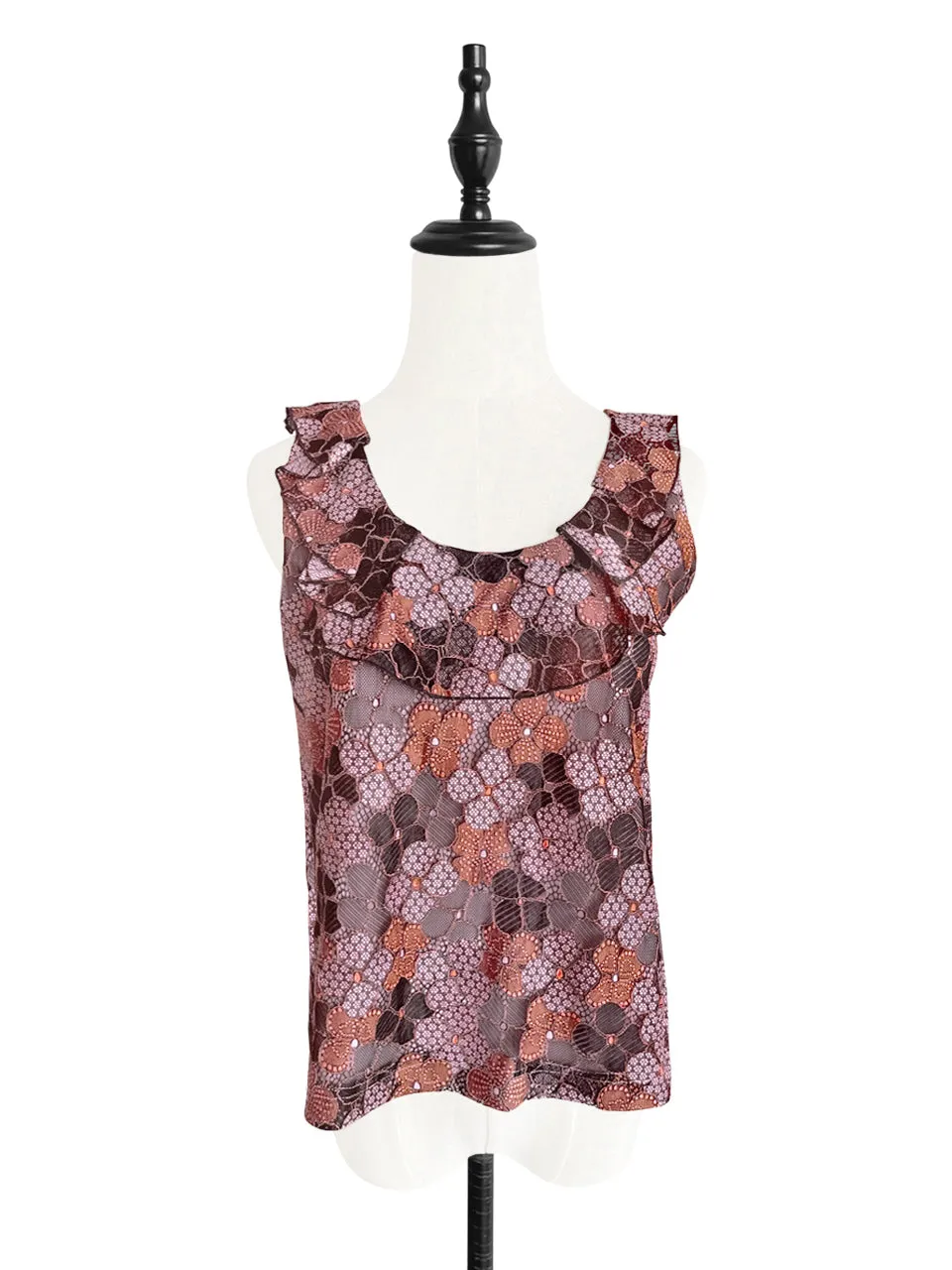 Last Chance! Pinky-Orange Floral Lace Ruffle Neck Lined Tank