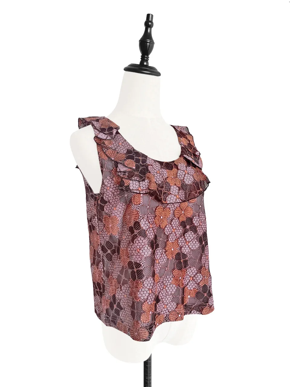 Last Chance! Pinky-Orange Floral Lace Ruffle Neck Lined Tank