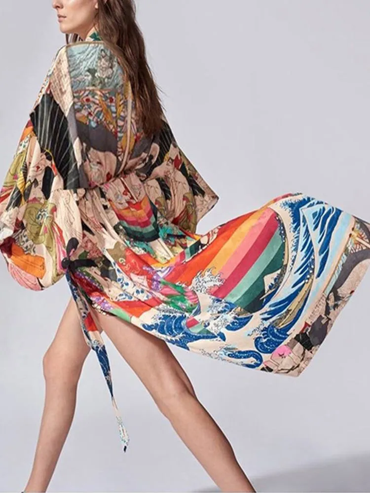 Printed Multicolor Chiffon Polyester Long Length Gown Kimono Duster Robe