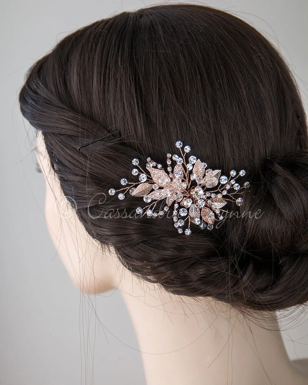 Rose Gold Bridal Hair Pin of Crystals and Leaves