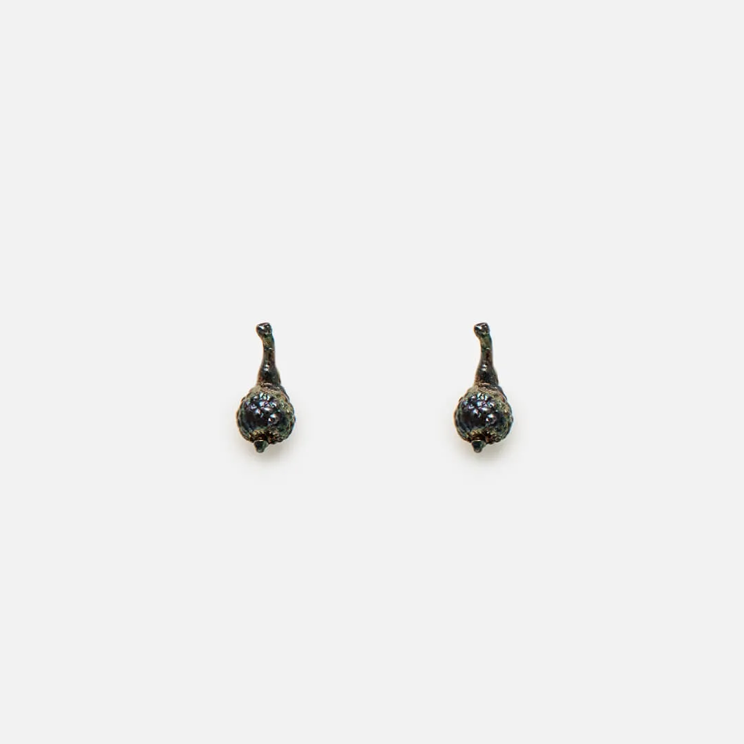 Tiny acorn seed with twig - stud earrings - silver 925 - rainbow patina